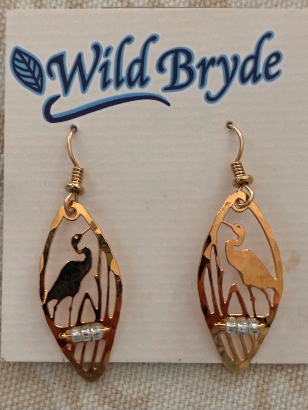 New Wild Bryde Heron Earrings 14K Gold Plate Art Glass Accents Wire lVintage.